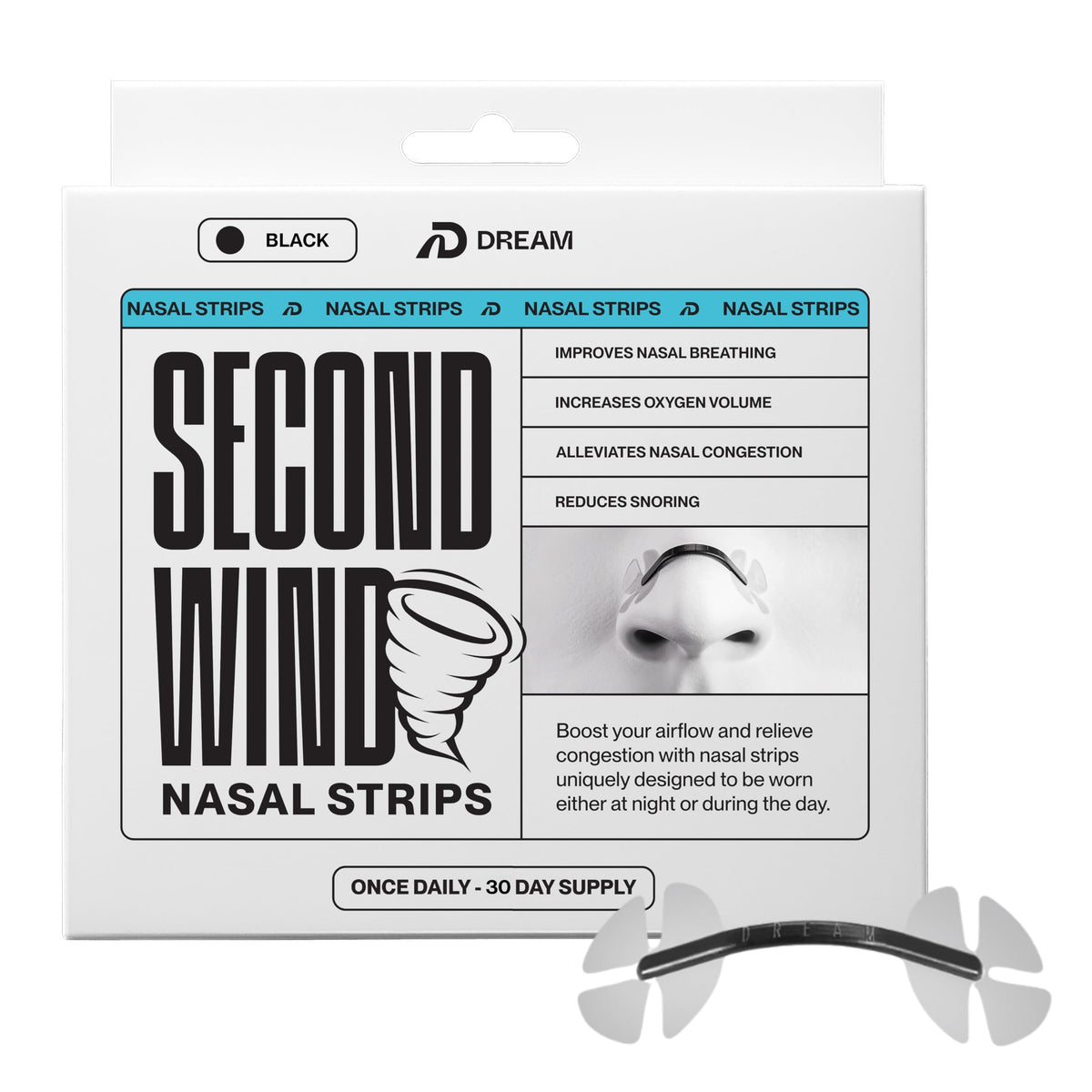 Boîte DREAM RECOVERY Second Wind Bandes nasales prête à l'emploi pour respiration facilitée.