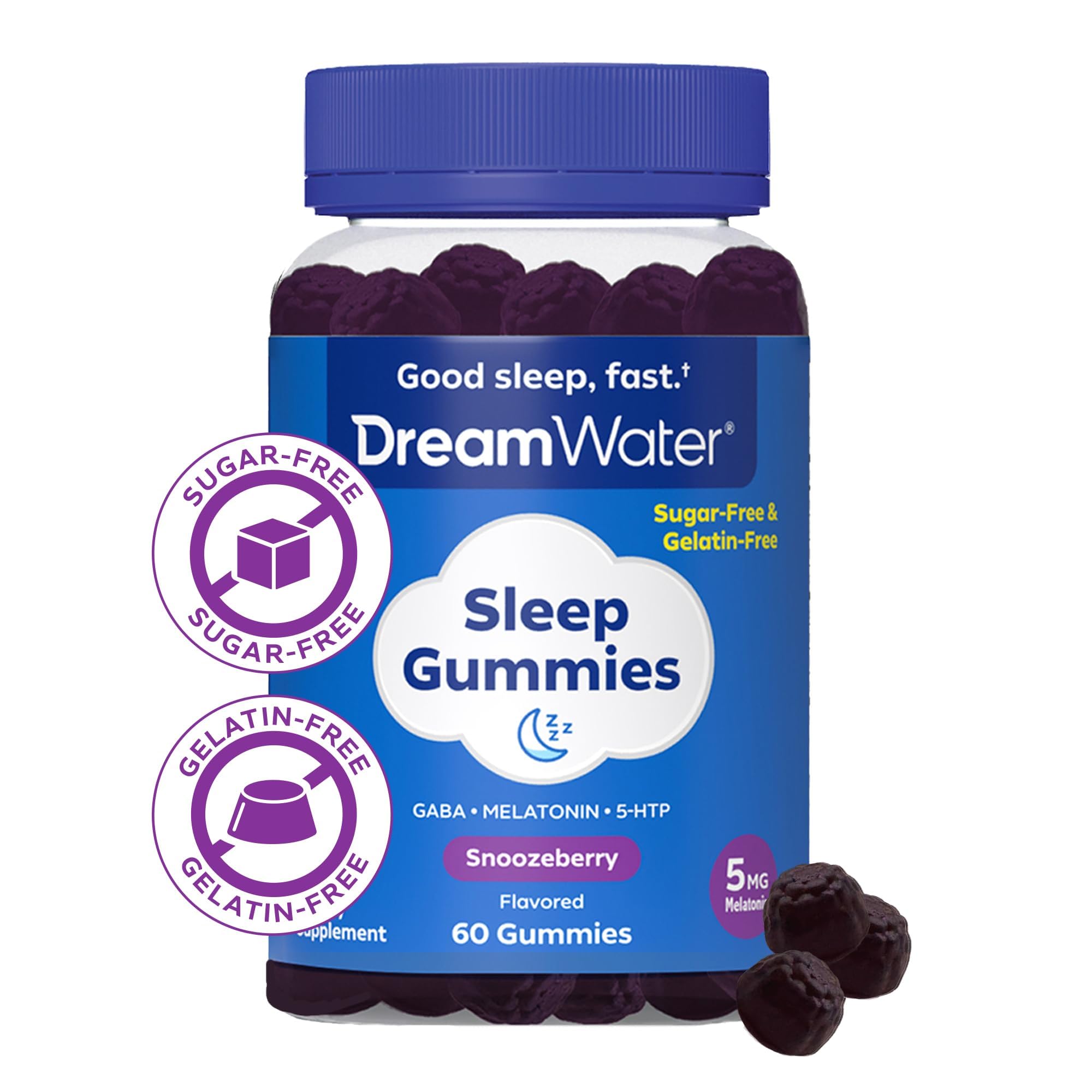 Dream Water Snoozeberry Gummies closeup: ingrédients SleepStat avec mélatonine, GABA et 5-HTP.