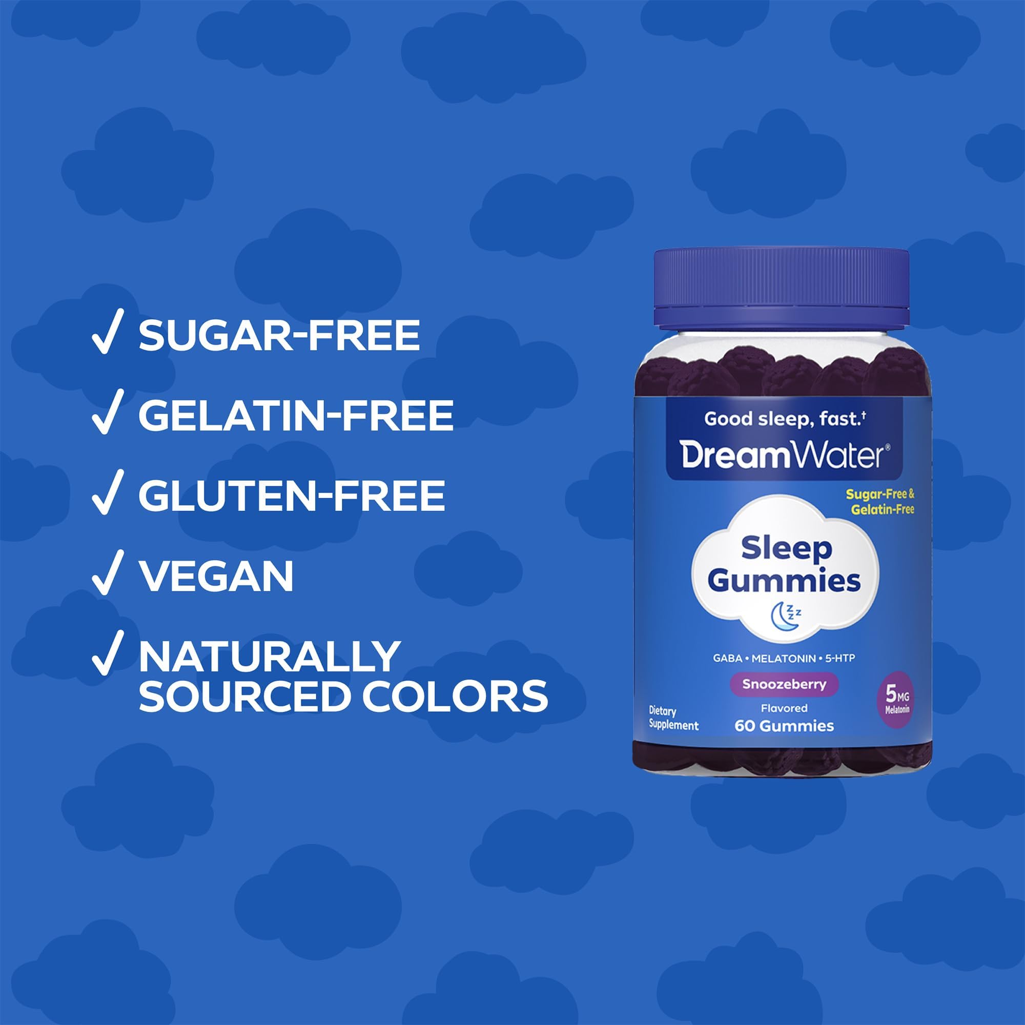 Dream Water Snoozeberry Gummies couleurs naturelles et ingrédients vegan-friendly.