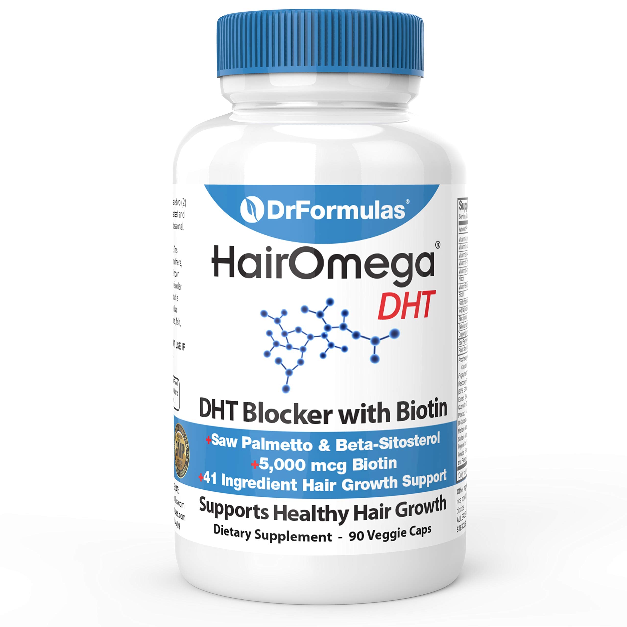 DrFormulas HairOmega: la bouteille et ses capsules soutiennent la croissance des cheveux.
