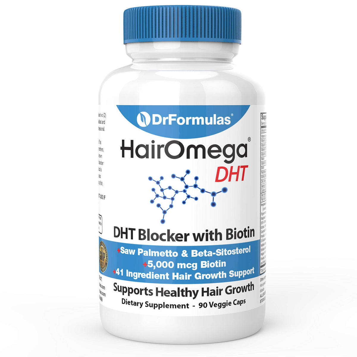 DrFormulas HairOmega: la bouteille et ses capsules soutiennent la croissance des cheveux.
