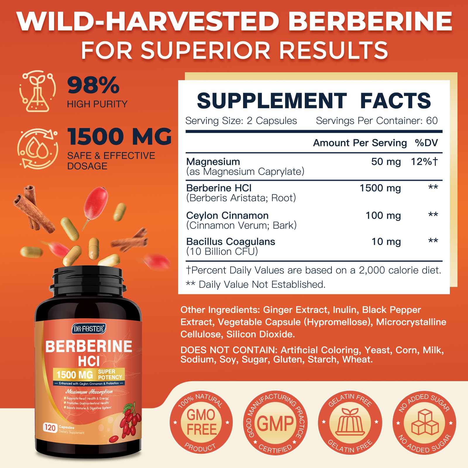 DRFOSTER Berberine HCL 1500 mg – gélules pratiques pour la routine bien-être quotidienne