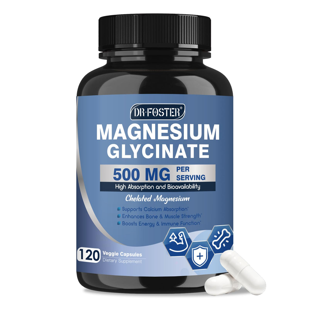DRFOSTER Magnesium glycinate 500 mg avec zinc et D3, favorise une absorption élevée.