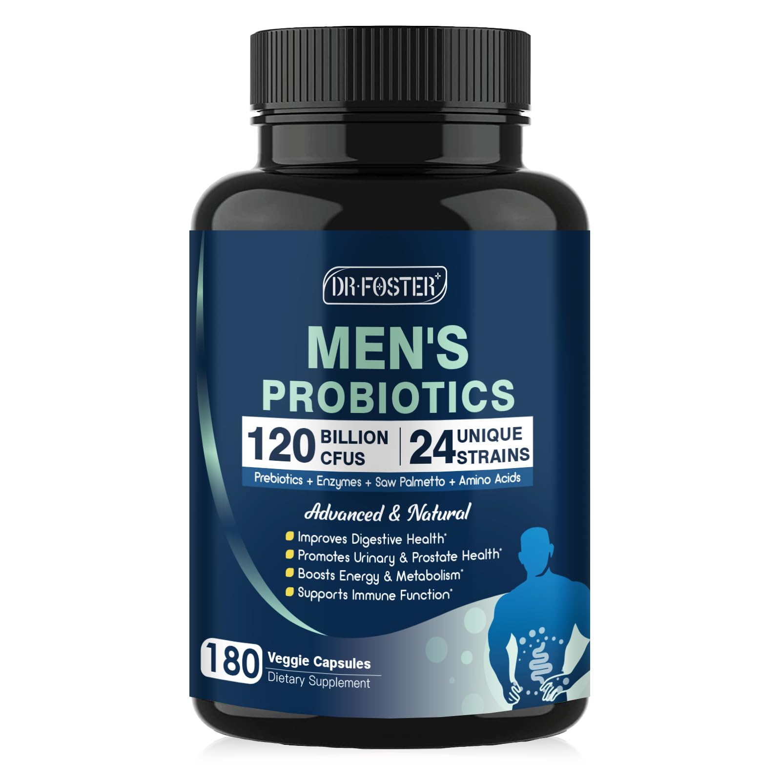 DRFOSTER Probiotiques pour homme: bouteille de capsules favorisant une digestion équilibrée.