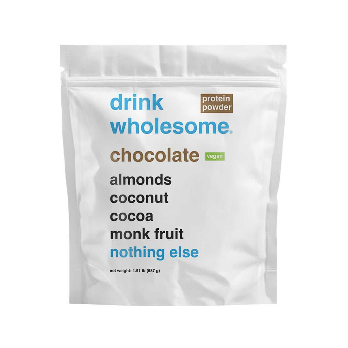 Drink Wholesome poudre protéine vegan chocolat amande en bouteille, douceur adaptée pour estomacs sensibles.