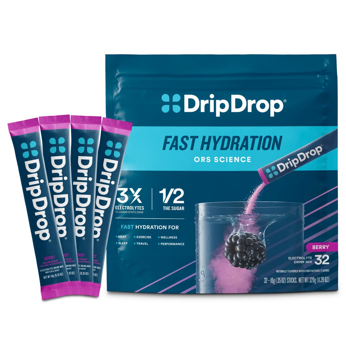DripDrop Hydration, emballage sachet baies pour hydratation pratique en déplacement.