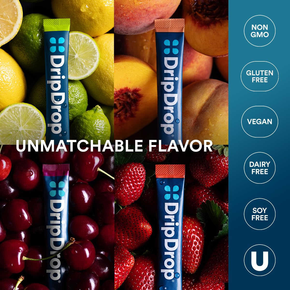 DripDrop étiquette sans gluten-vegan – option nutritionnelle adaptée aux régimes.