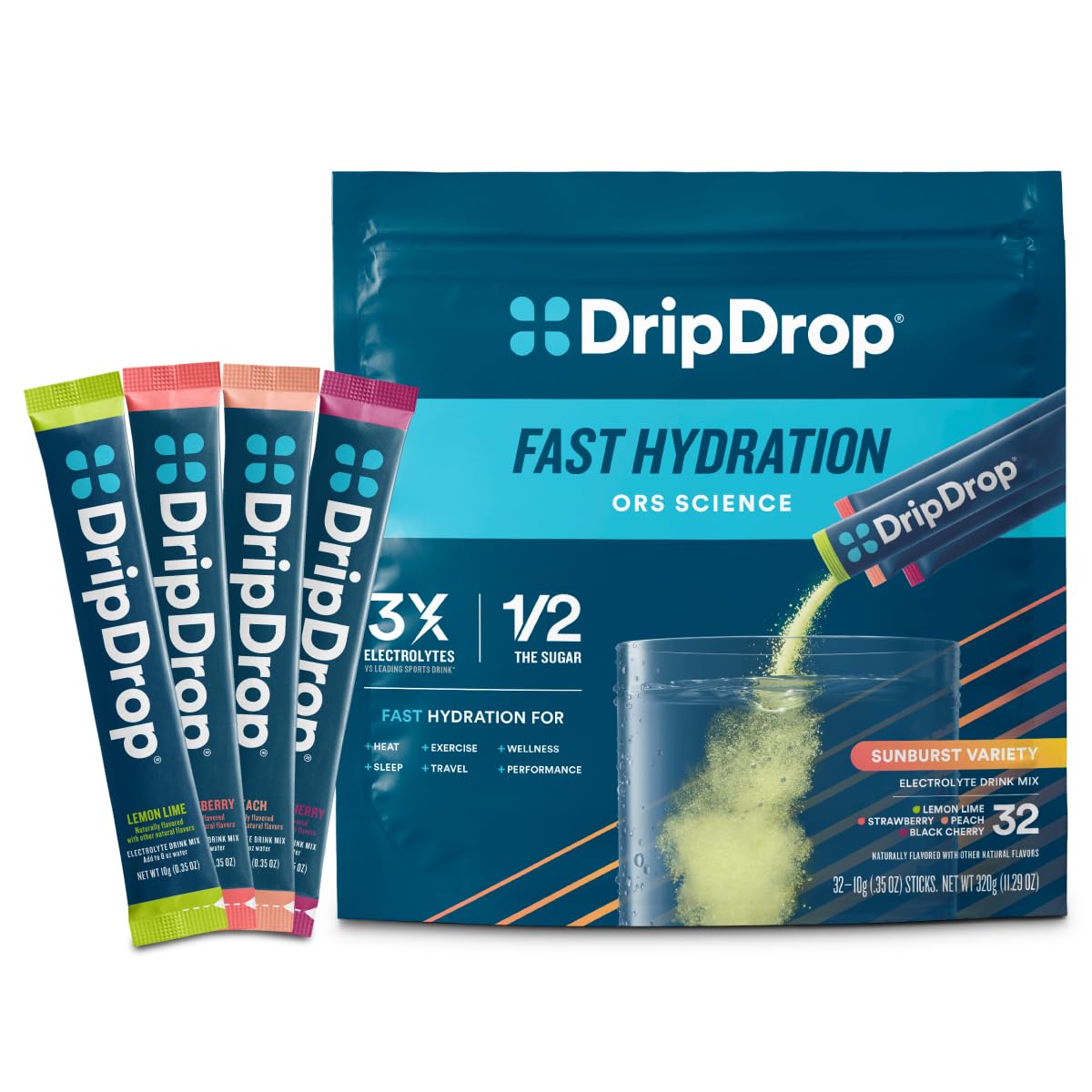 DripDrop paquets d'hydratation Sunburst – variété pratique pour sportifs et activités outdoor.