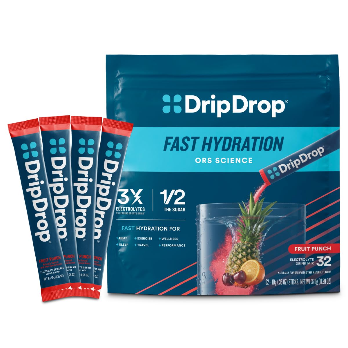 DripDrop Fruit Punch sachets: hydratation portable en déplacement.