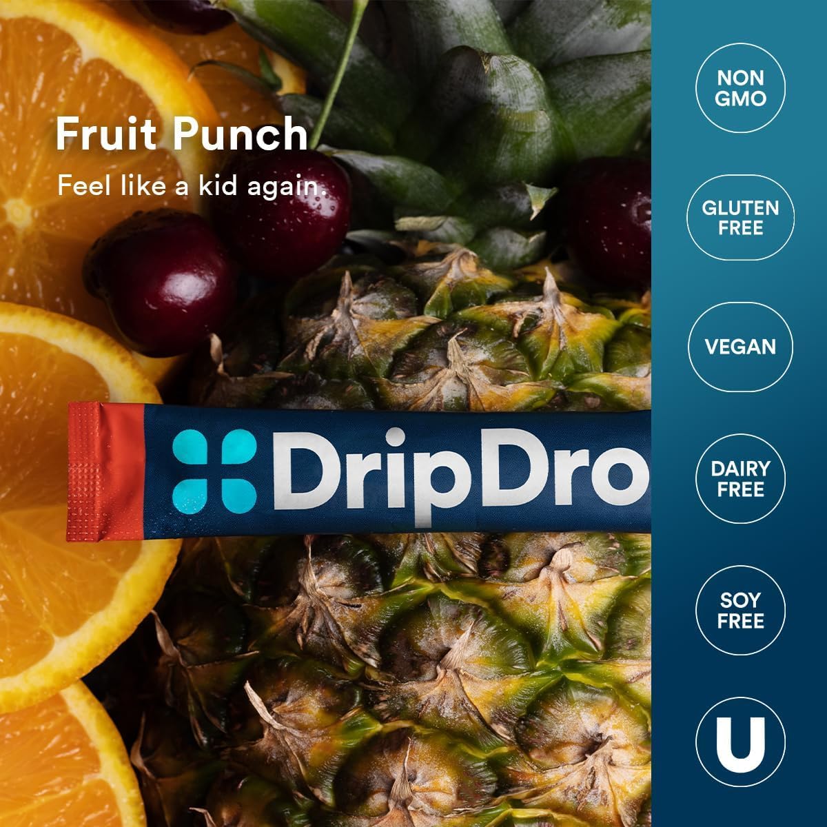 DripDrop Fruit Punch: sans OGM et végan, format pratique.