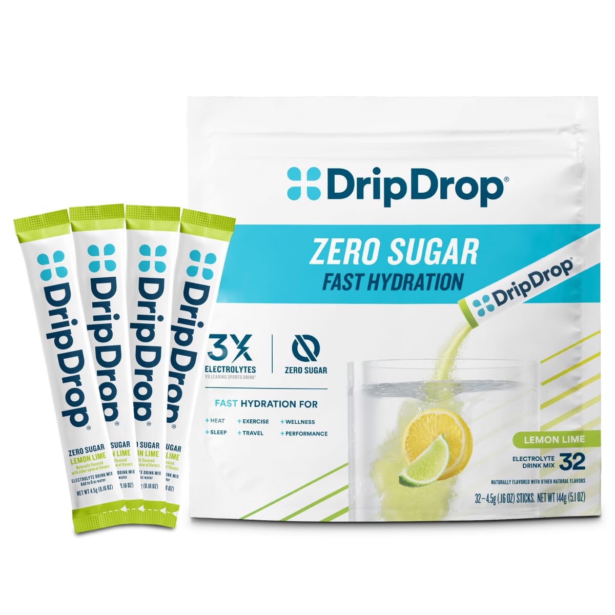 Sachets DripDrop d'hydratation citron-lime prêt à être utilisés après l'effort.