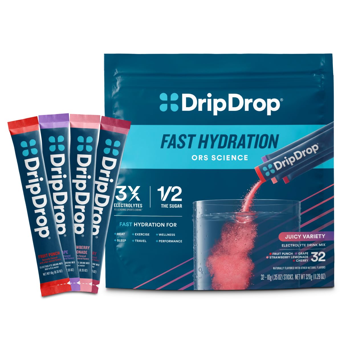 DripDrop sachets d'hydratation variété savoureuse pour sessions sportives et plein air.