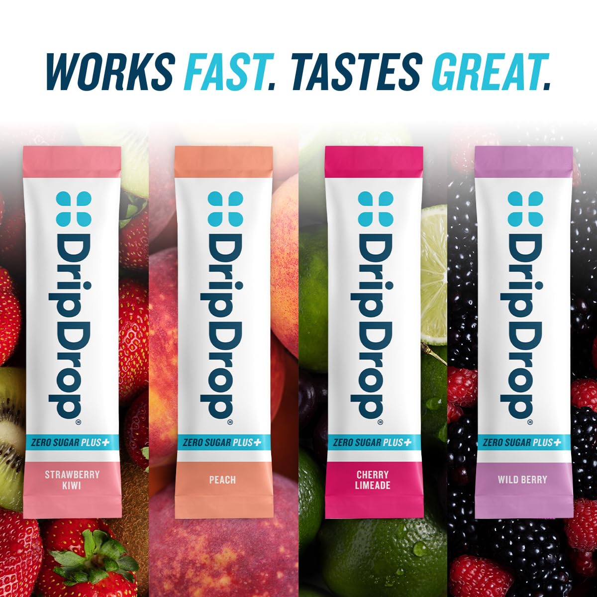 DripDrop Zero Sugar Plus, boîte de 8 sticks, dosage pratique.