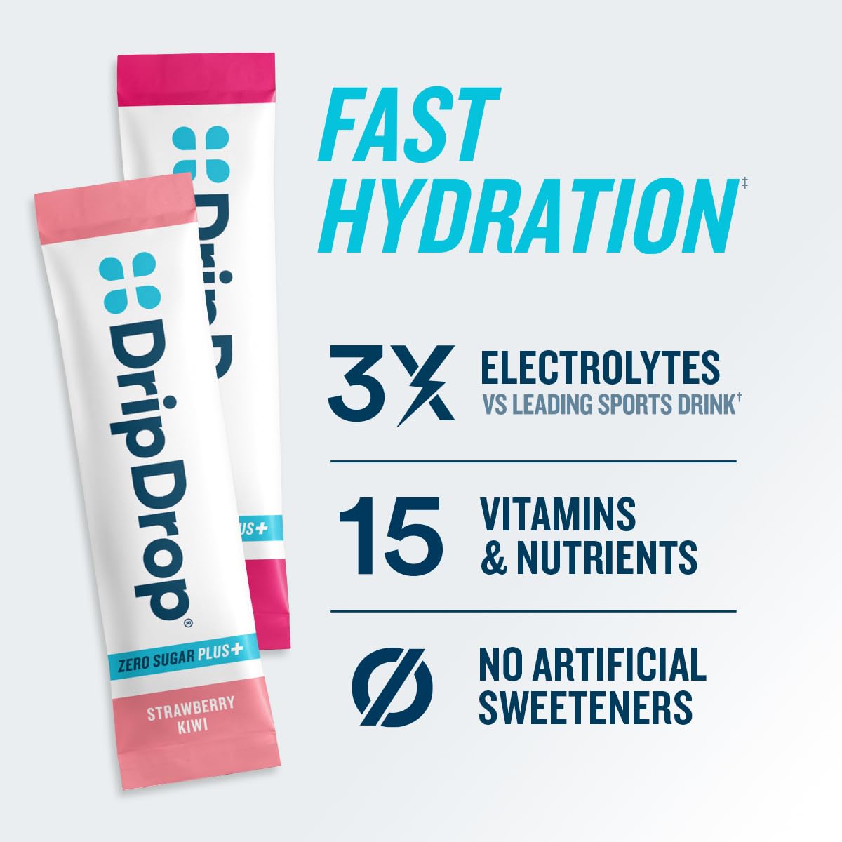 DripDrop Zero Sugar Plus, gros plan saveur fraise-kiwi, hydratation rapide.