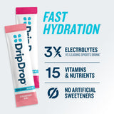 DripDrop Zero Sugar Plus, gros plan saveur fraise-kiwi, hydratation rapide.