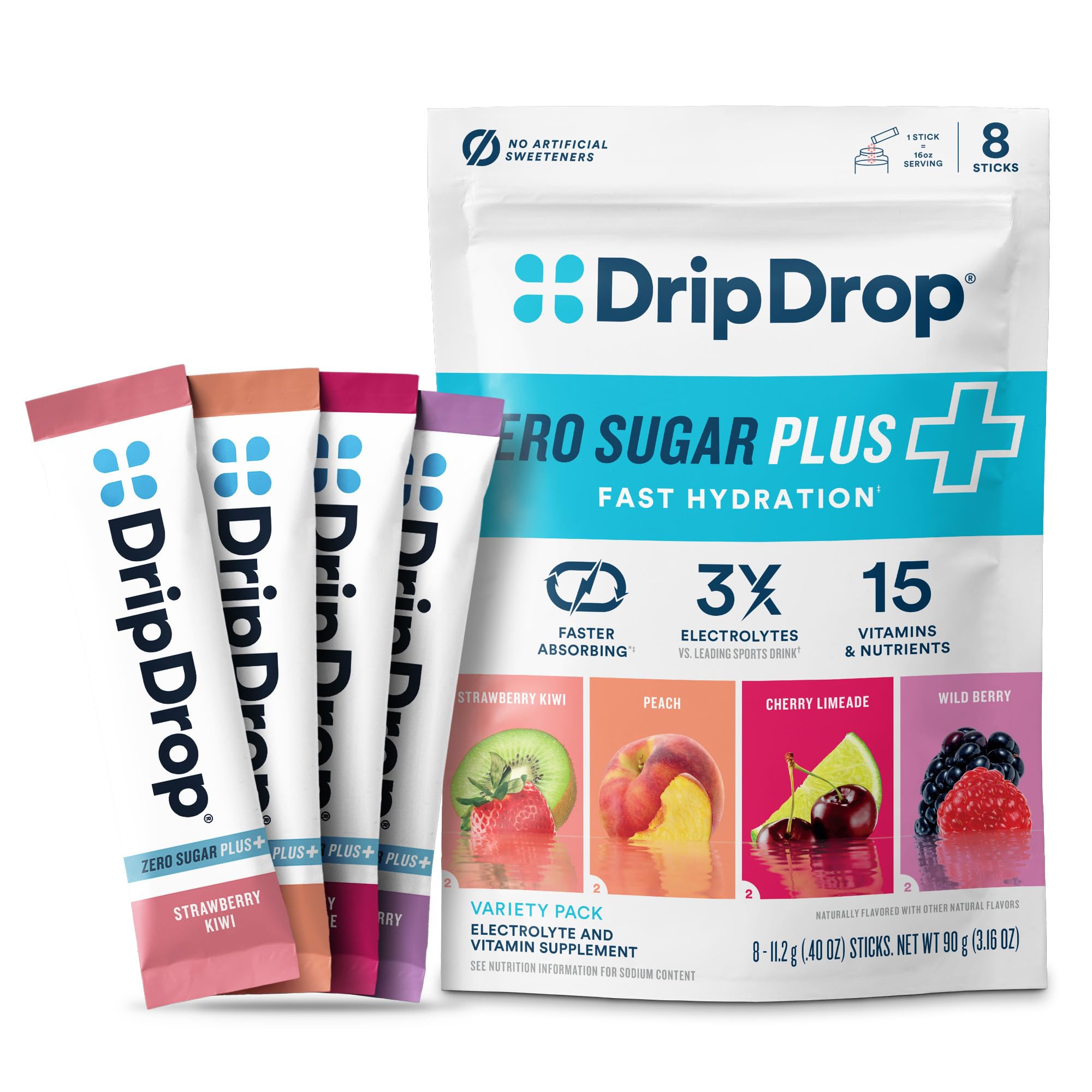 DripDrop Zero Sugar Plus – assortiment de saveurs pour hydratation pratique.