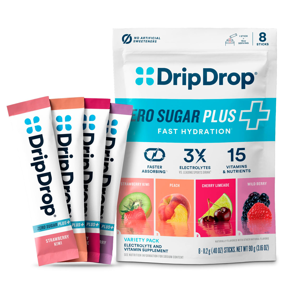 DripDrop Zero Sugar Plus – assortiment de saveurs pour hydratation pratique.