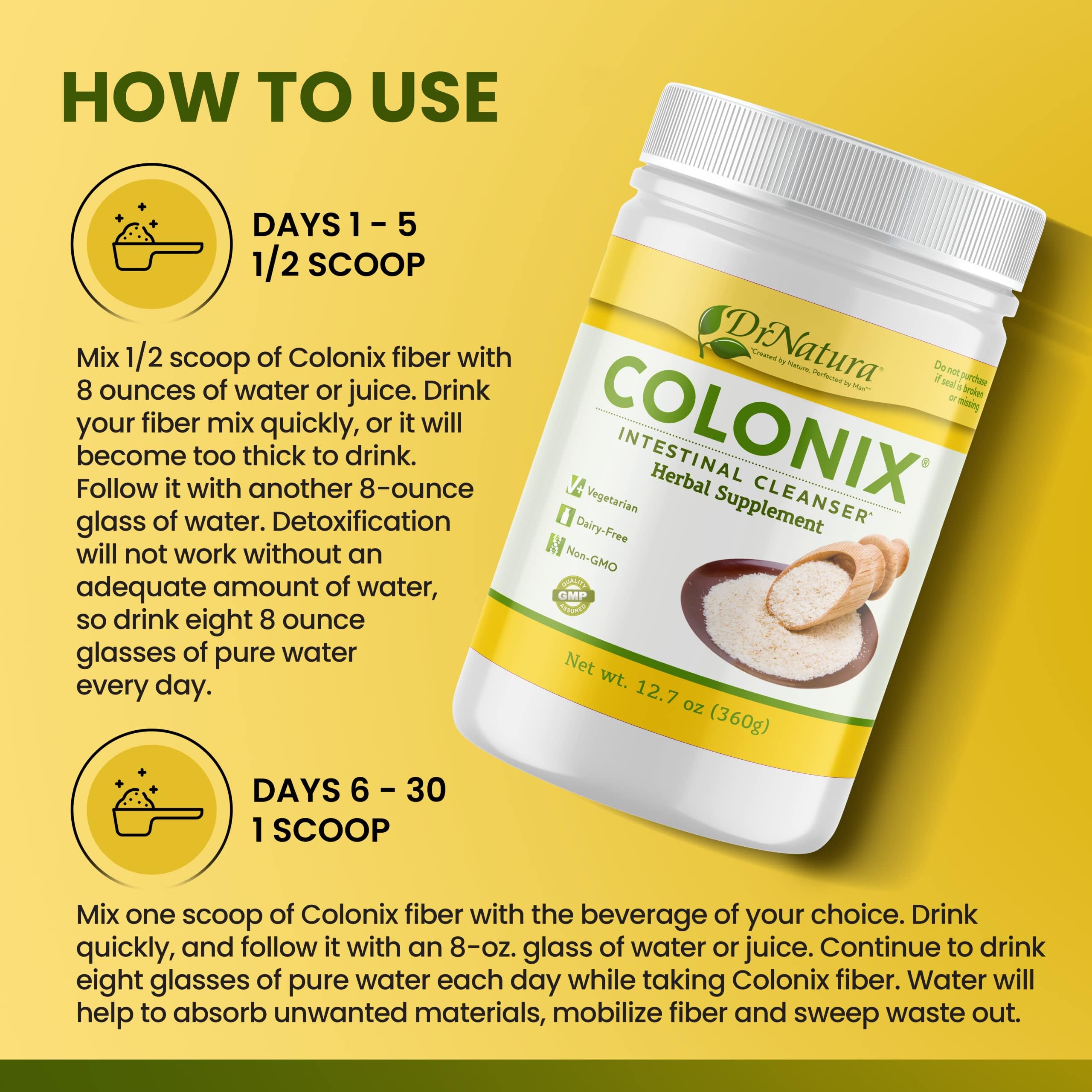 Mélange de fibres naturelles DrNatura Colonix prêt à être mélangé dans une boisson.