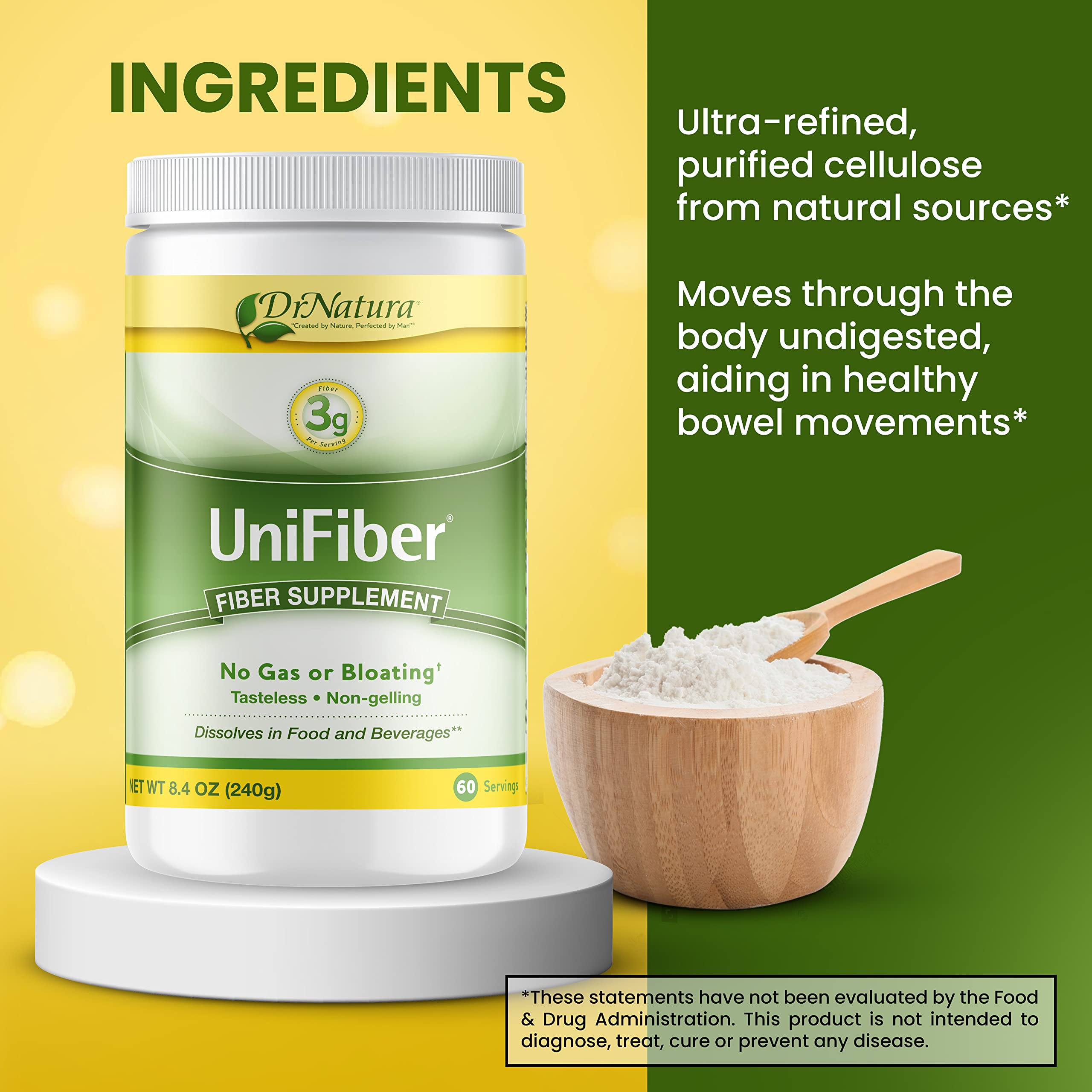 DrNatura Unifiber, étiquette sans gluten et pour divers régimes.