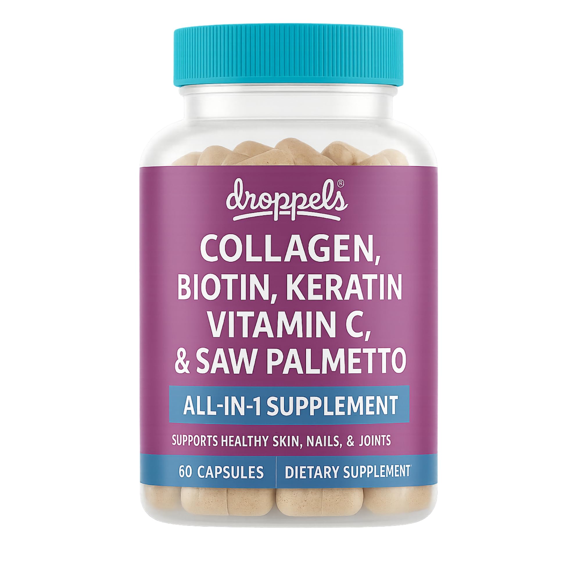 Capsules Droppels collagène: bouteille prête pour cheveux, peau et articulations.