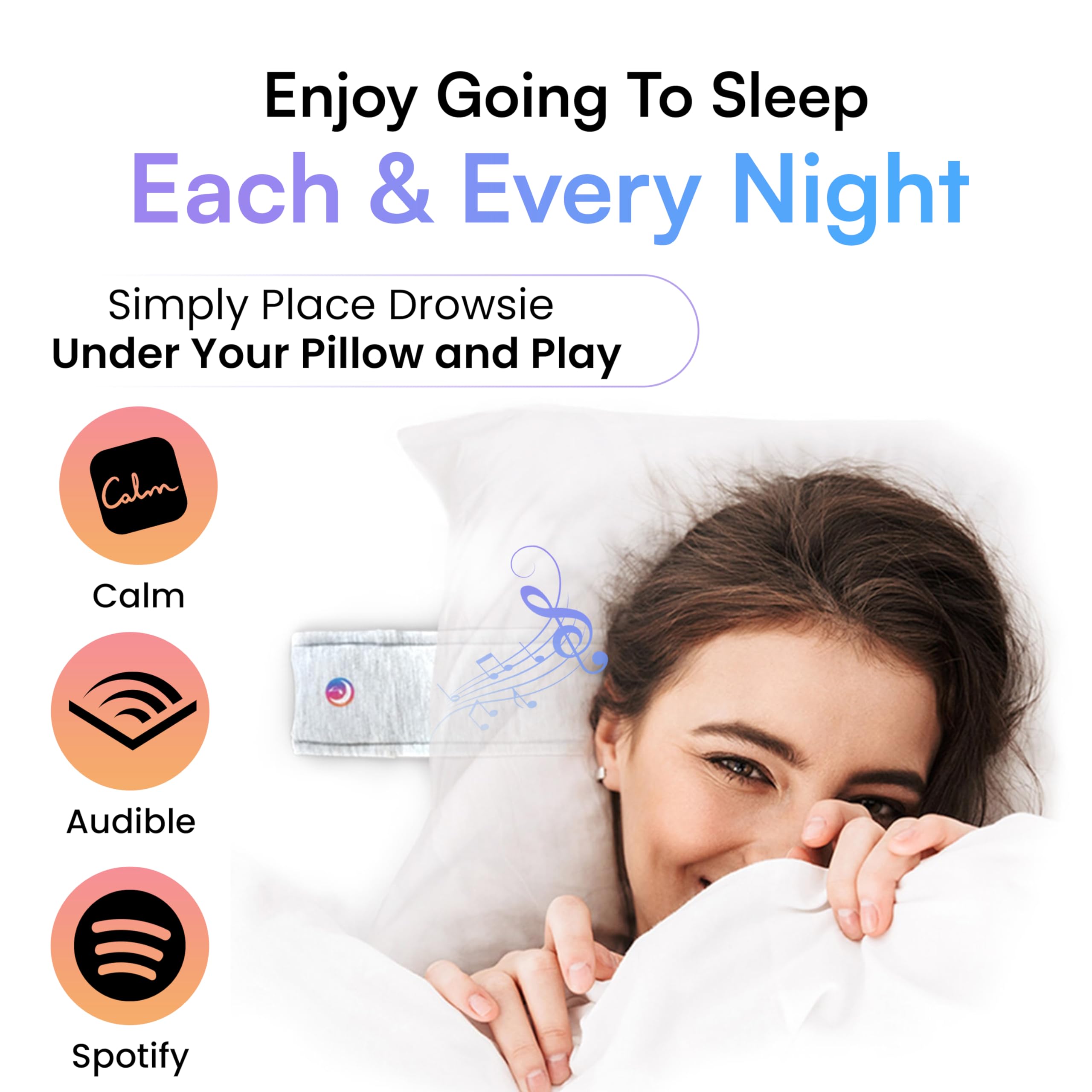 Drowsie Flexi, sous-oreiller, connexion simple pour accéder à vos contenus audio.