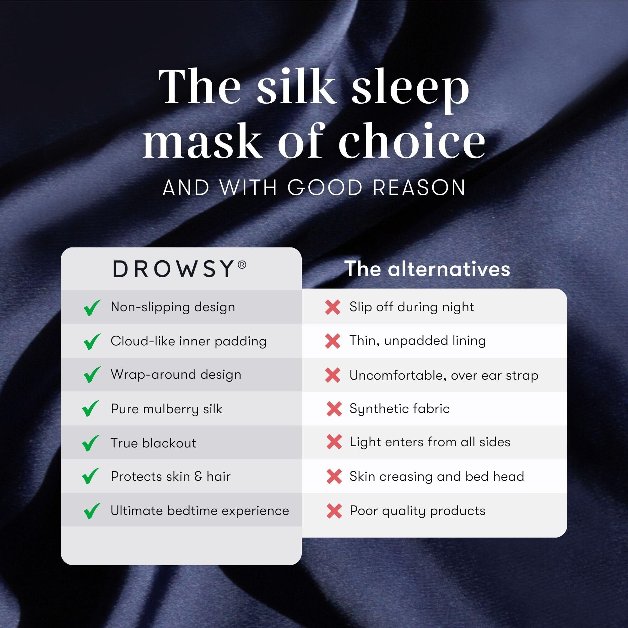 Masque Drowsy en soie ajustable pour toutes les têtes et positions