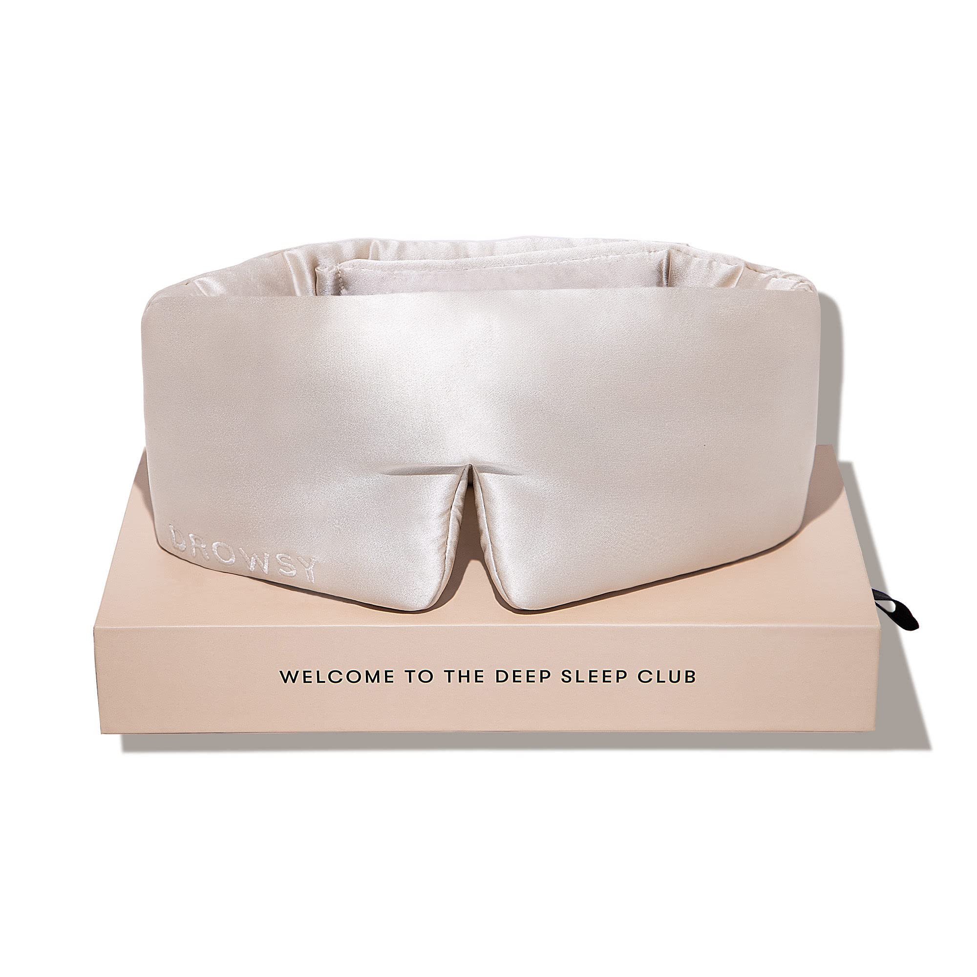Drowsy masque en soie or-poussiereux avant — endormissement rapide et confort luxueux.