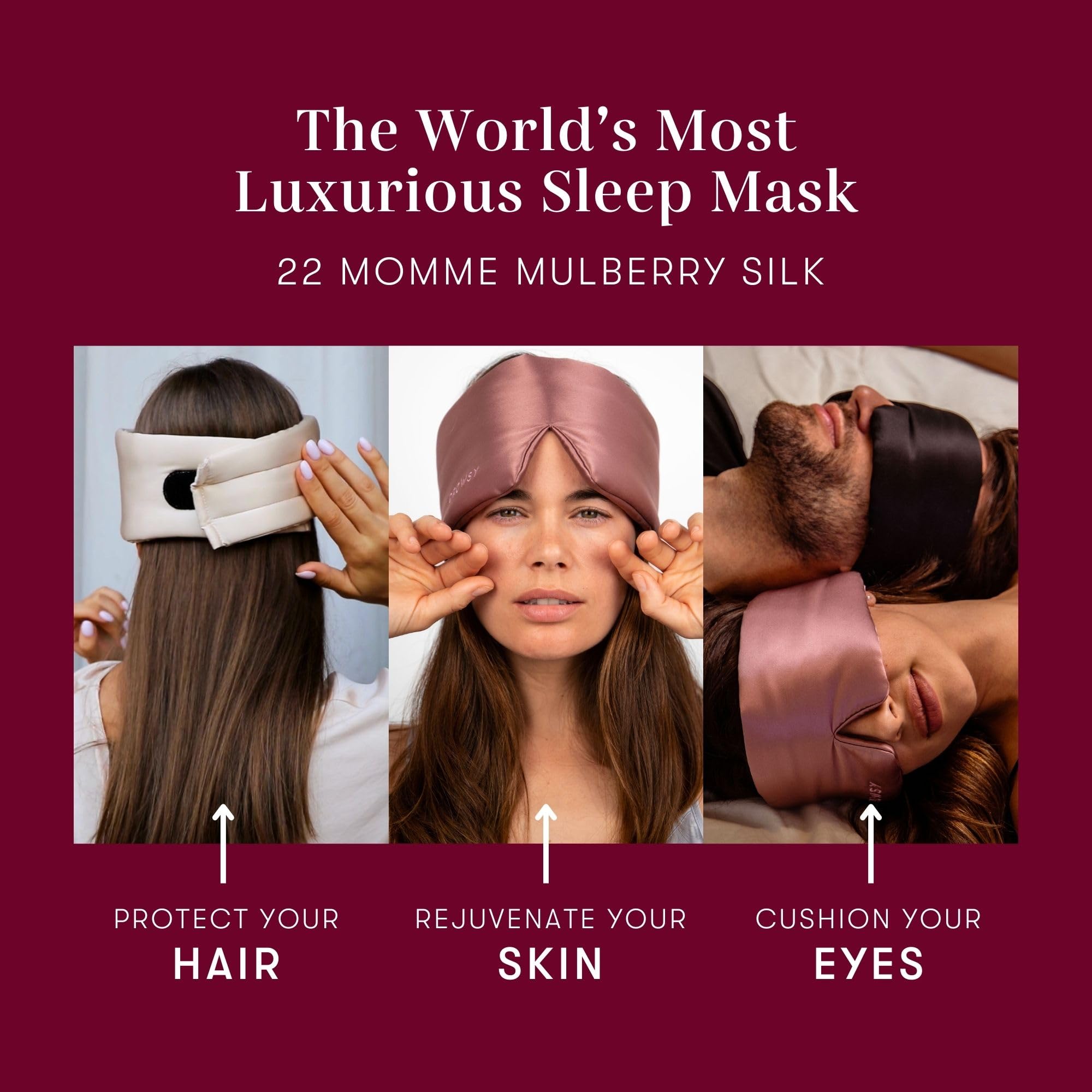 Drowsy masque sommeil soie protection peau cheveux: réduit friction et irritations.