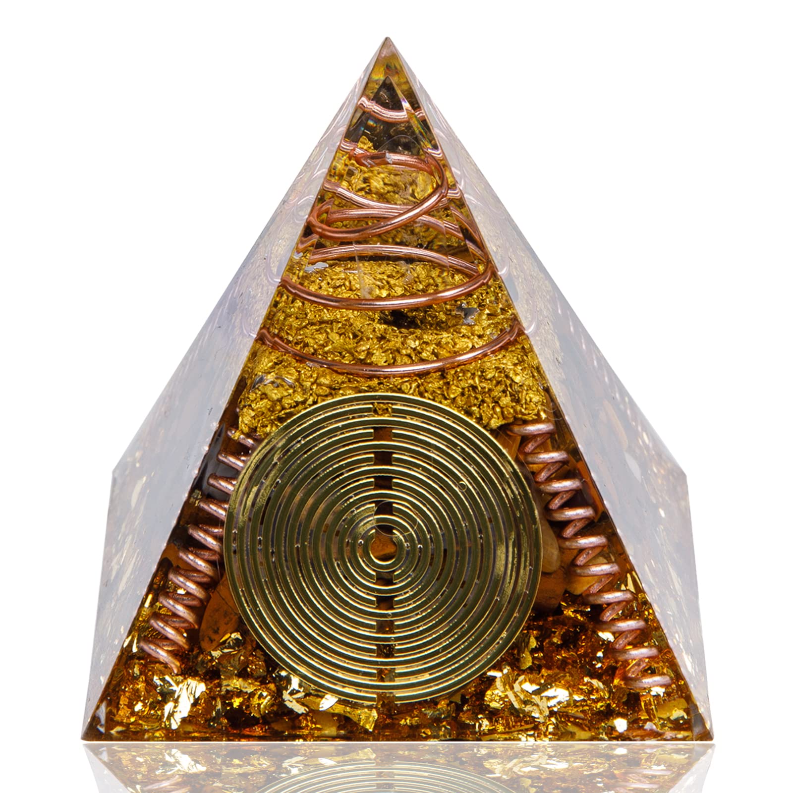 Pyramide orgone DRTMLY avec œil de tigre, petit modèle pour énergie harmonisante.