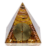 Pyramide orgone DRTMLY avec œil de tigre, petit modèle pour énergie harmonisante.