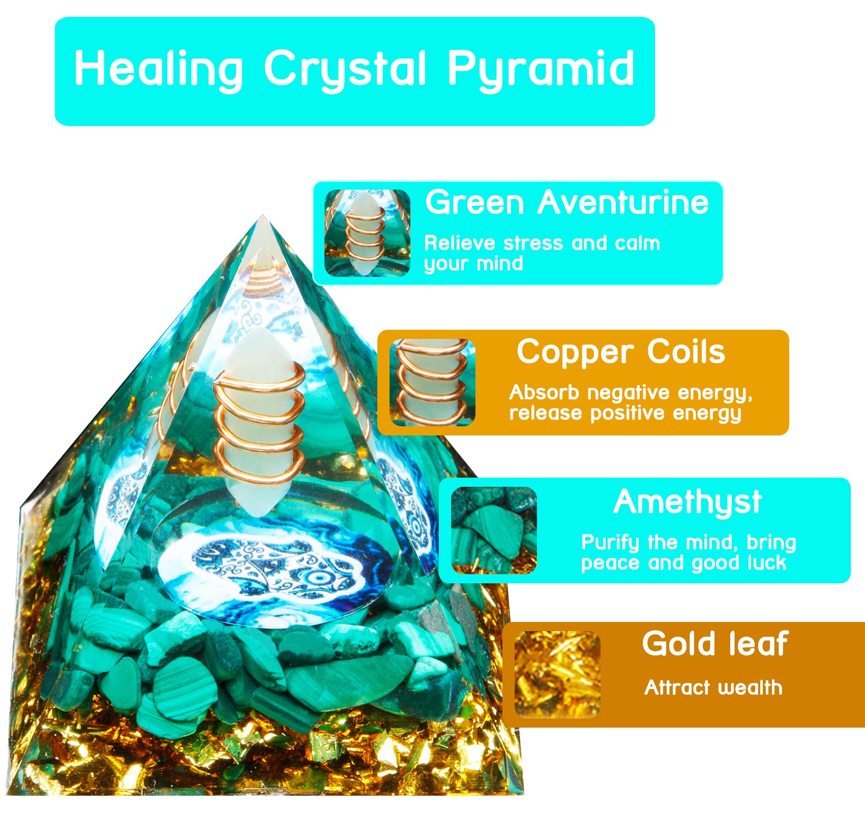 Résine transparente et feuilles d'or dans la pyramide orgonite, fabrication artisanale