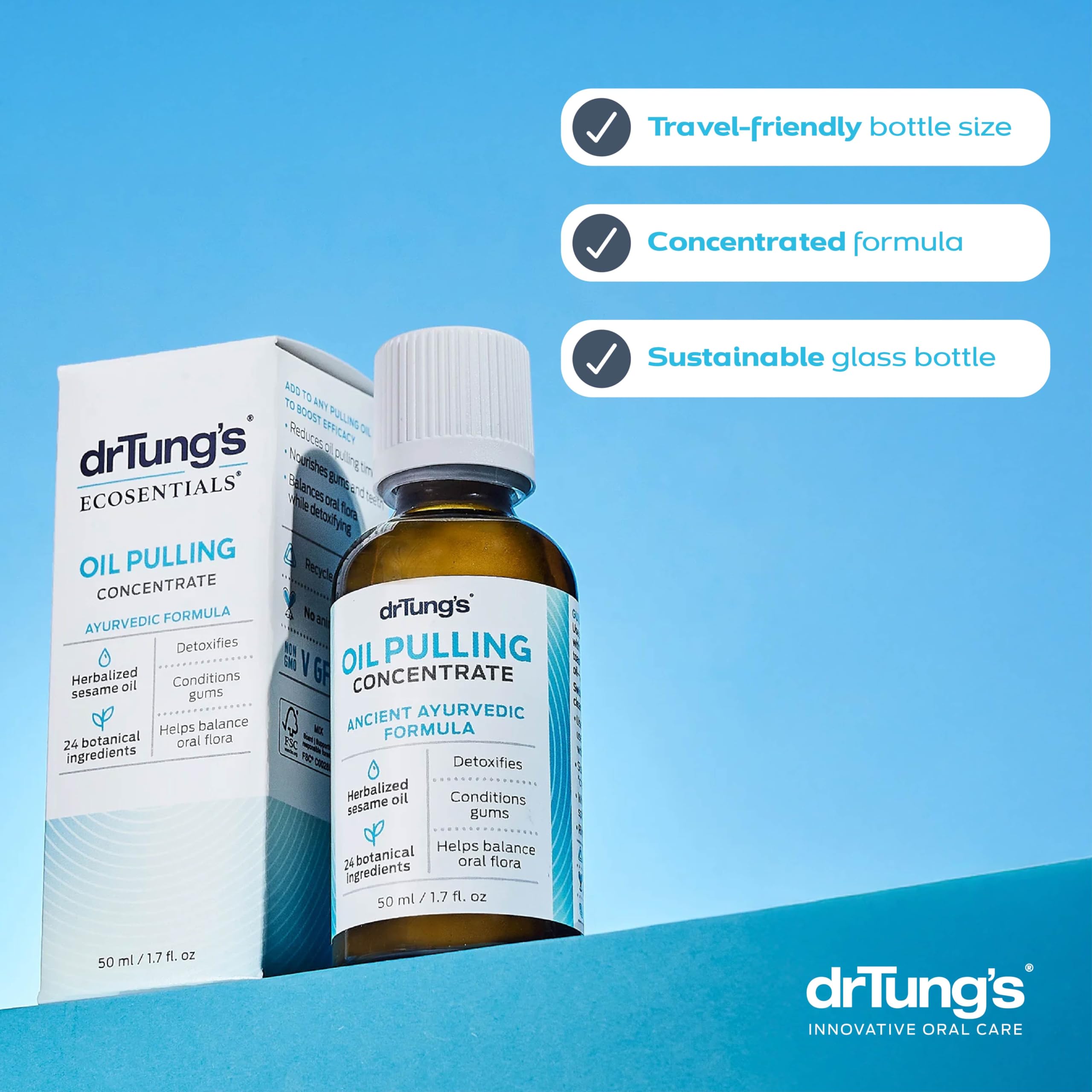 DrTung's flacon portable utilisé en déplacement, soin buccal quotidien.