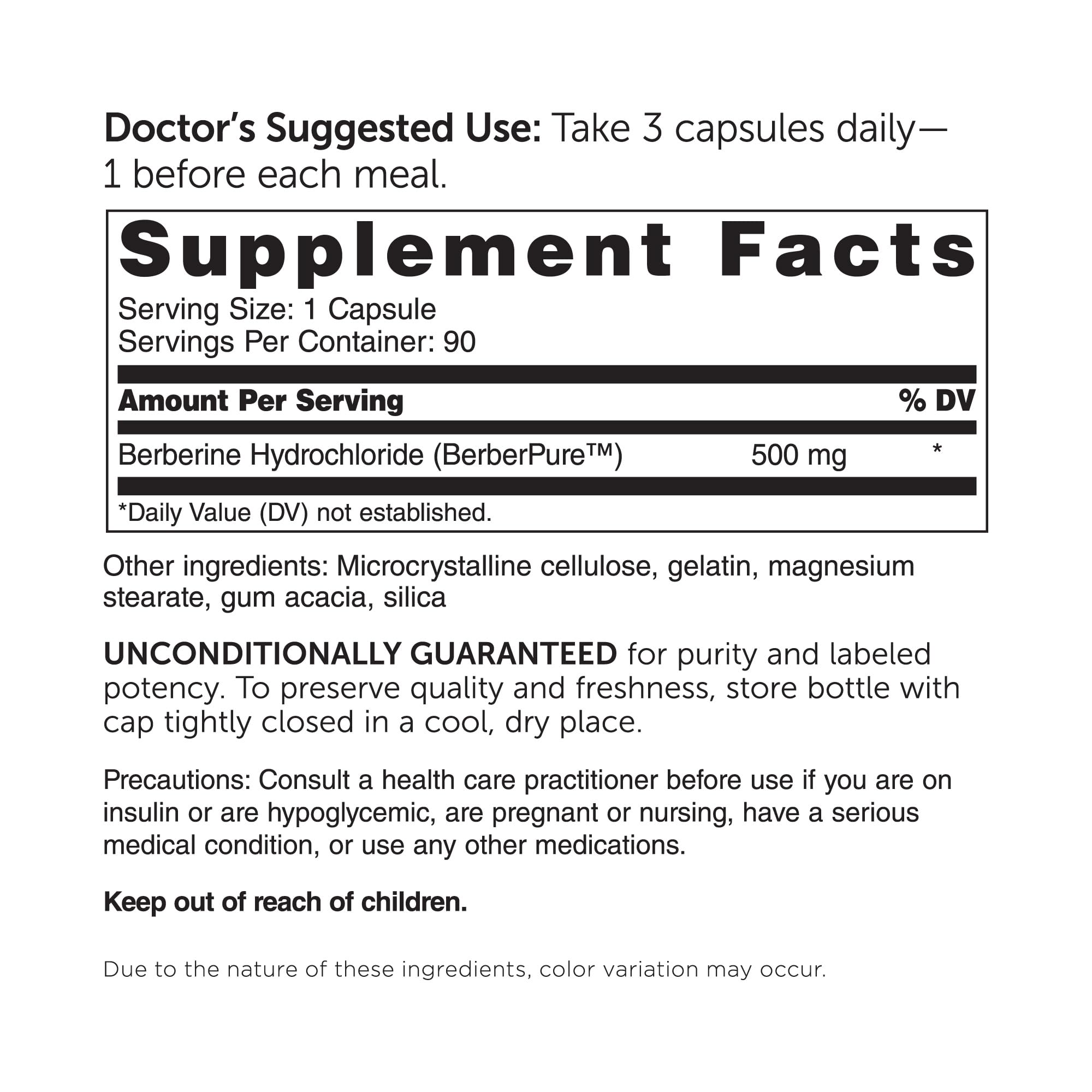 Étiquette indiquant le dosage quotidien recommandé de 1 500 mg Dr. Whitaker Berberine.