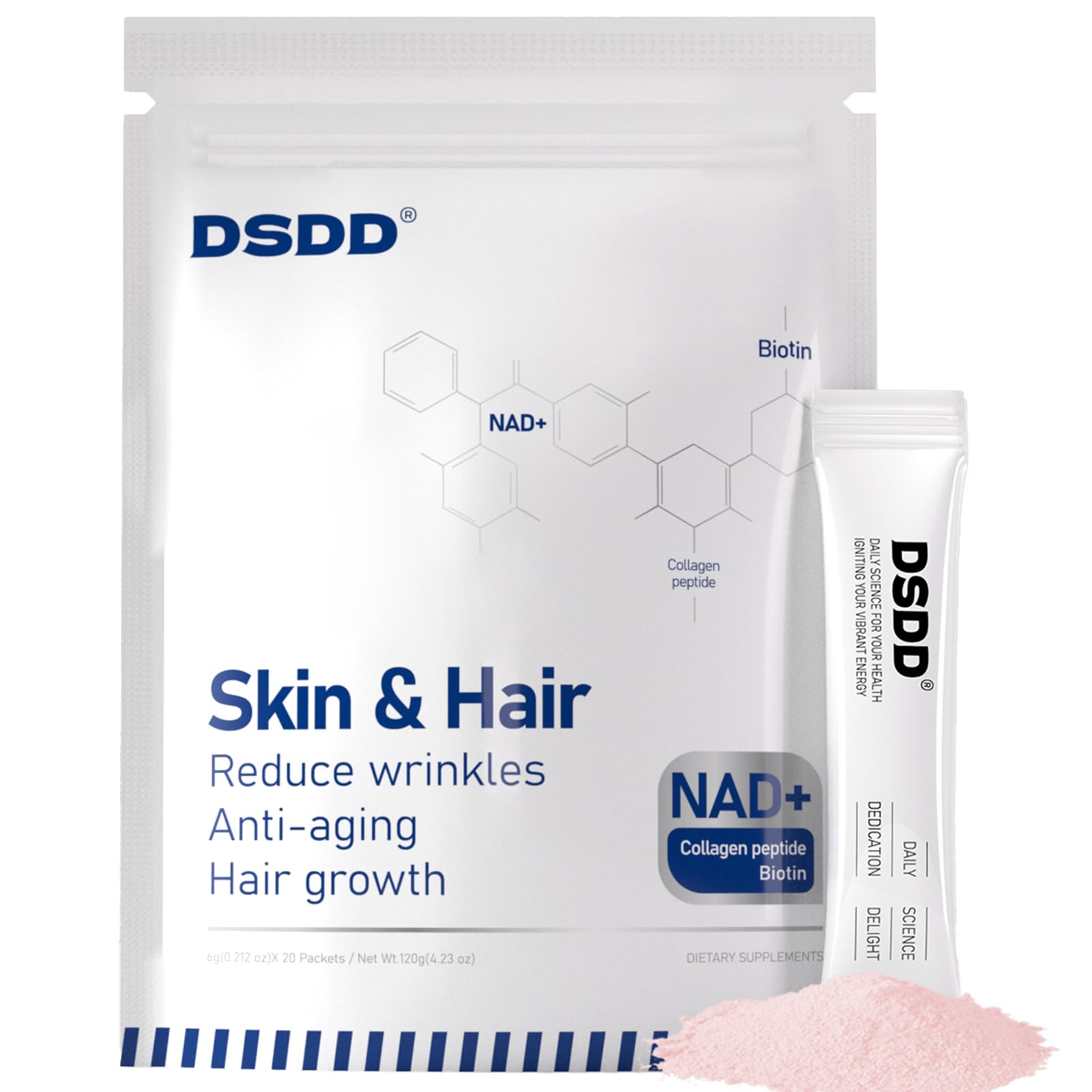 DSDD Biotine, bouteille et capsules, cheveux sains et brillance naturelle.