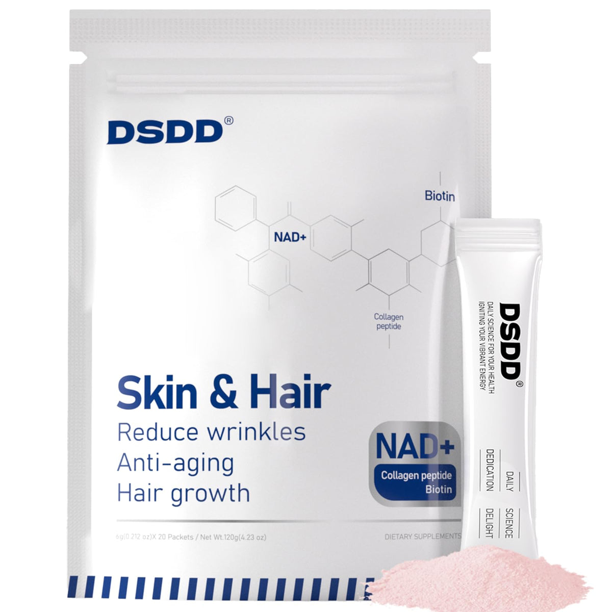 DSDD Biotine, bouteille et capsules, cheveux sains et brillance naturelle.