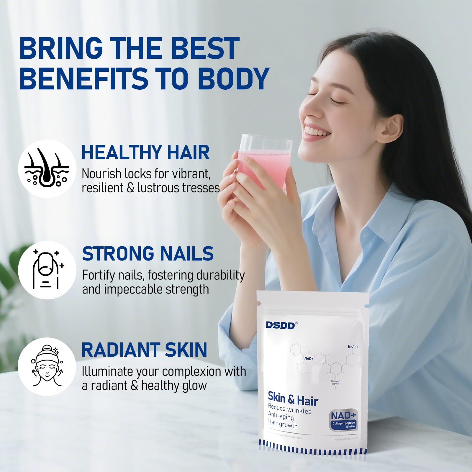 DSDD Biotine, flacon, peau hydratée et élasticité accrue.