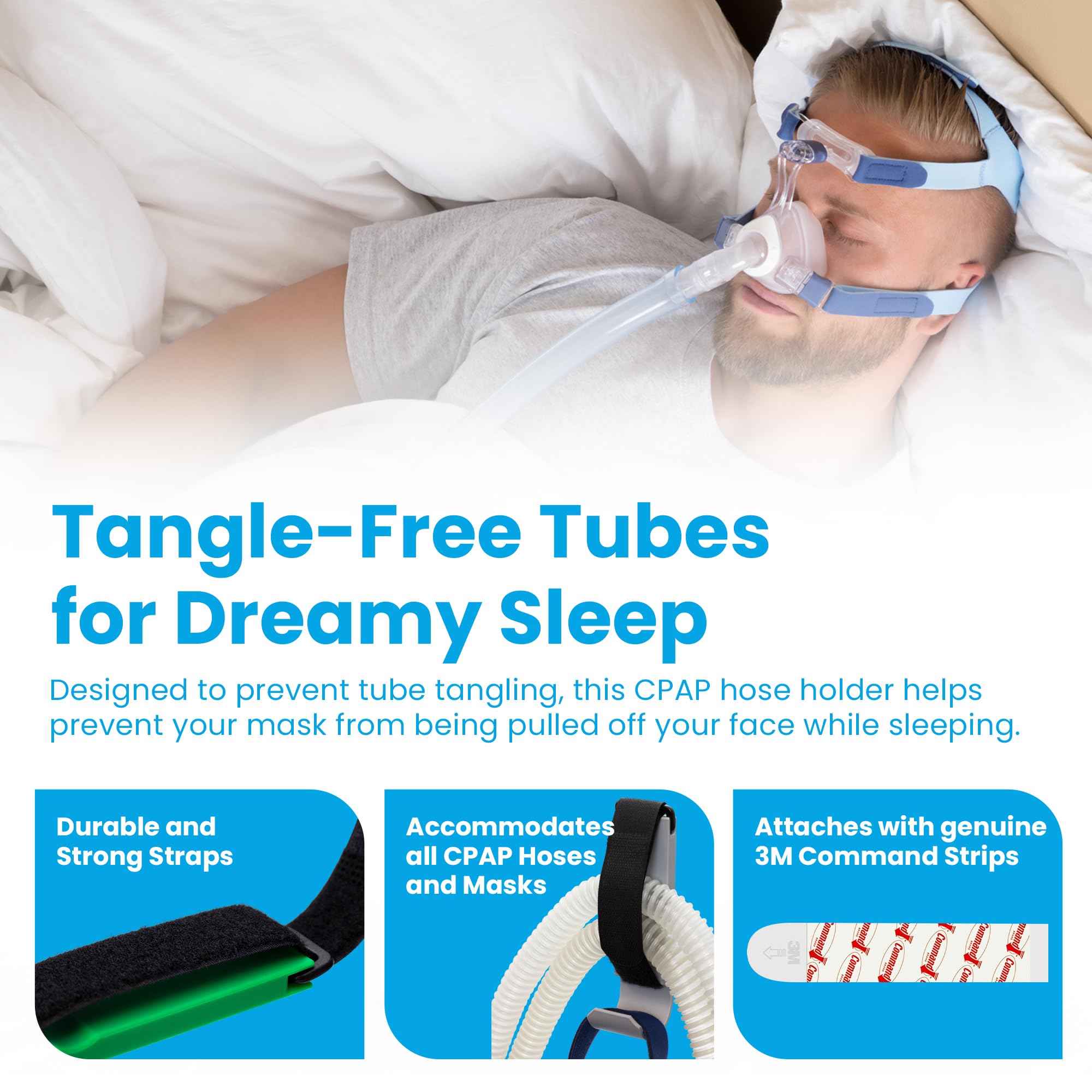 DTLgear CPAP Tube Holder fixé sur tête de lit, masque et tuyau restent accessibles.