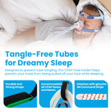 DTLgear CPAP Tube Holder fixé sur tête de lit, masque et tuyau restent accessibles.