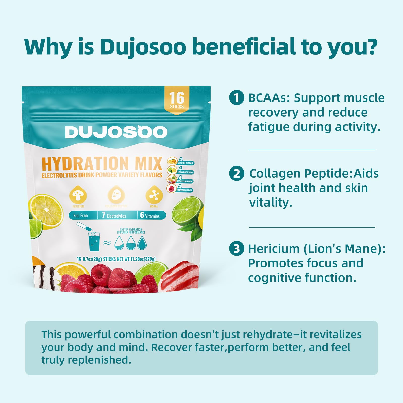 Dujosoo électrolyte collagène BCAA: hydratation pratique et nutriments pour activité.
