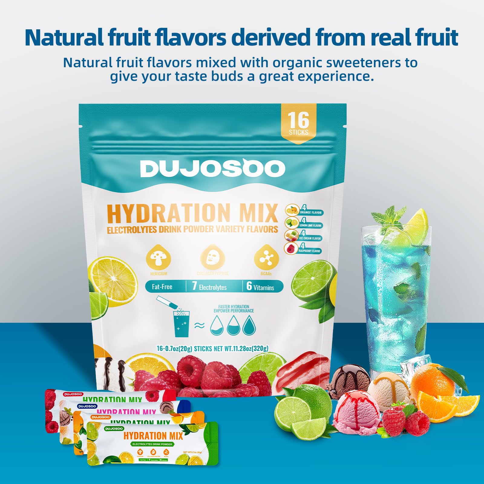 Dujosoo électrolyte glace emballage: sensation fraîche et hydratation revitalisante.