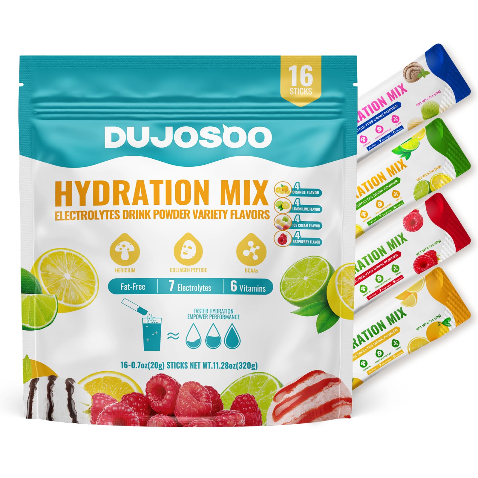 Dujosoo électrolyte orange emballage: hydratation pratique et énergie.