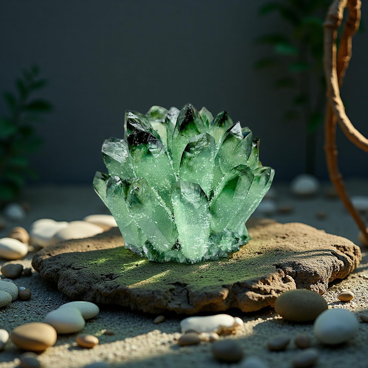 DUKIZA quartz vert – base en bois intégrée, présentation naturelle