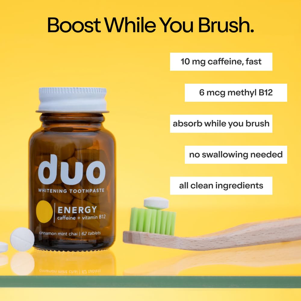 Duo Energy : pastilles nha blanchisseur, reminéralisation douce et éclaircissement potentiel.