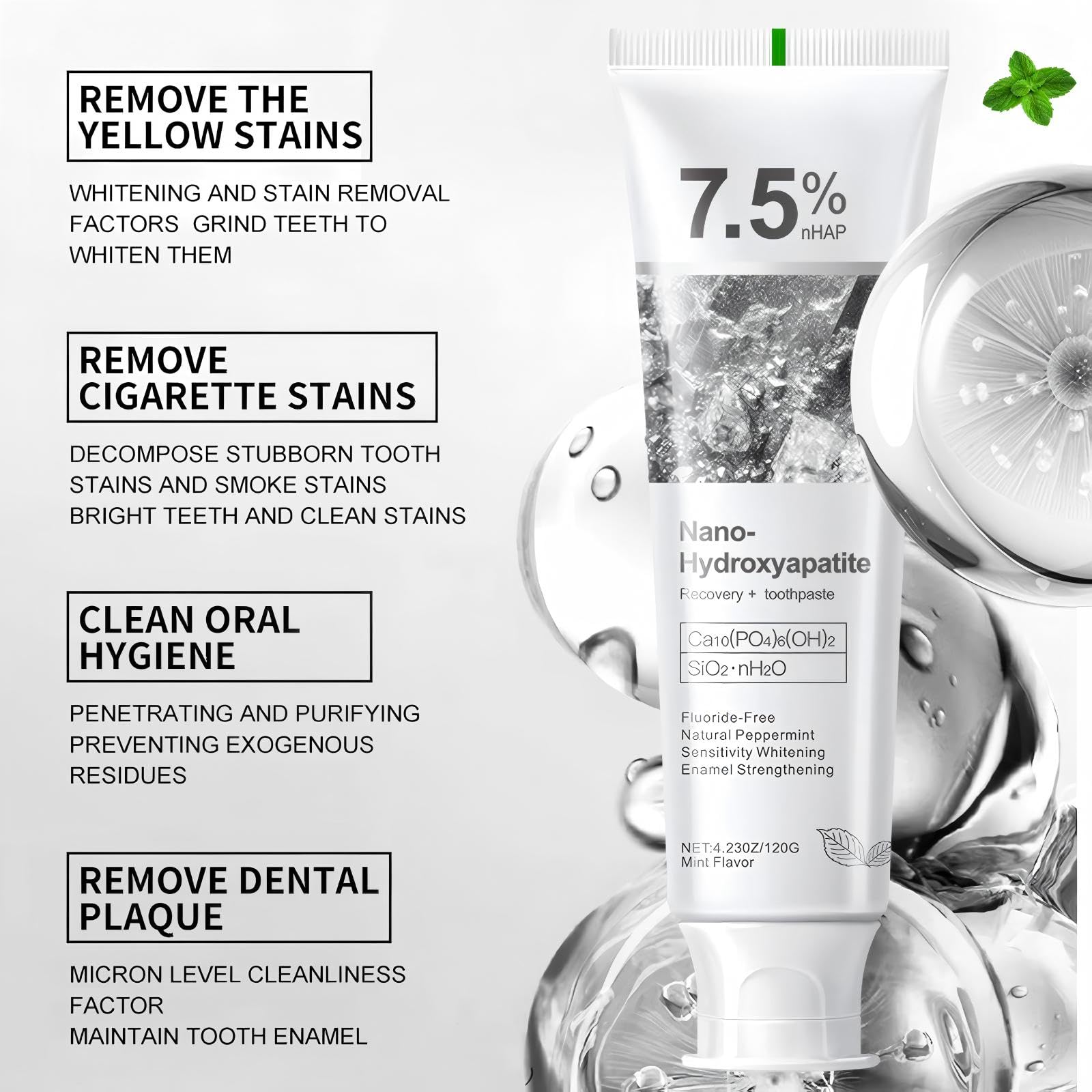 DUOYINTL Dentifrice Hydroxyapatite 75-tube closeup: texture et finition