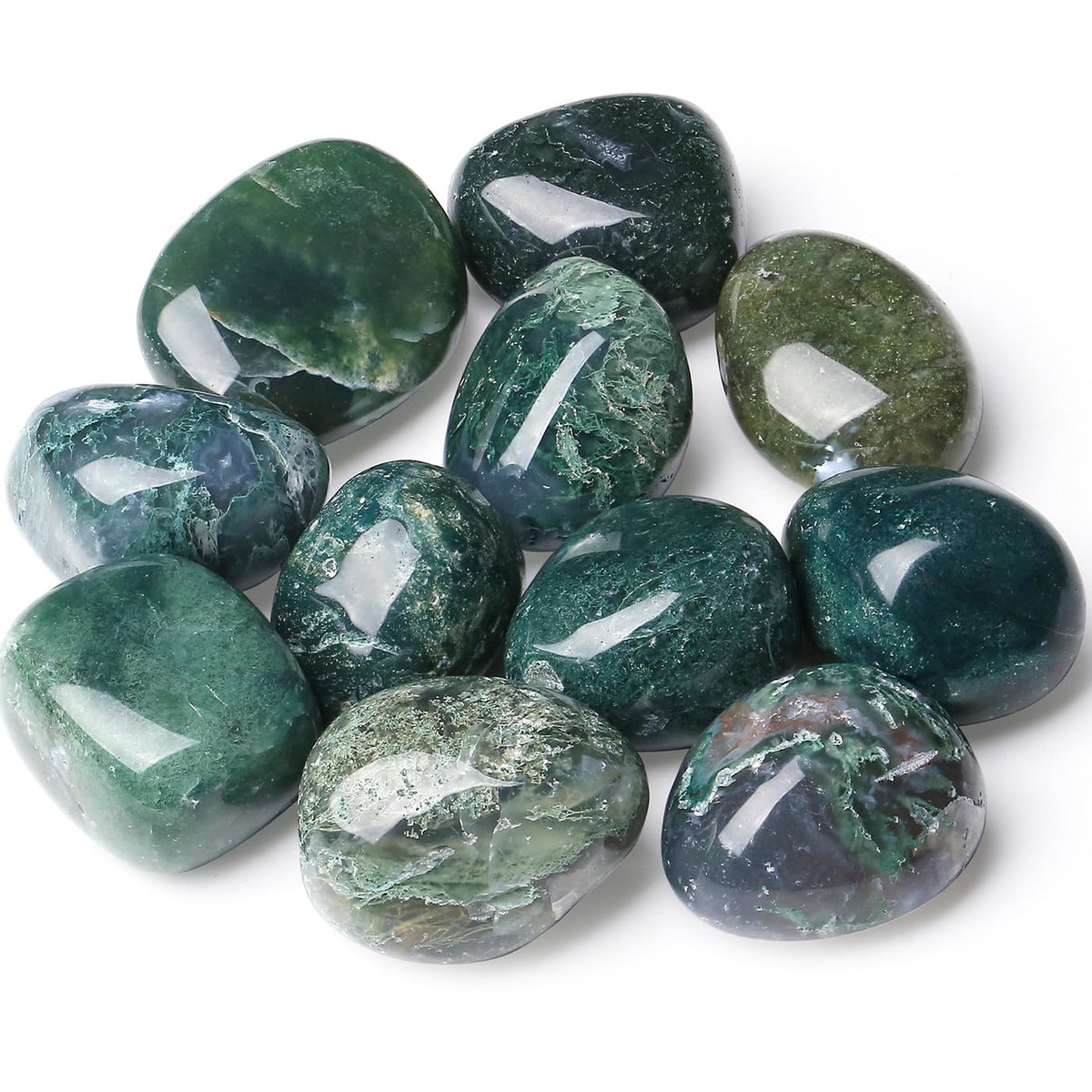 DUQGUHO Moss Agate polies, gros plan sur les pierres, décor et méditation possibles.