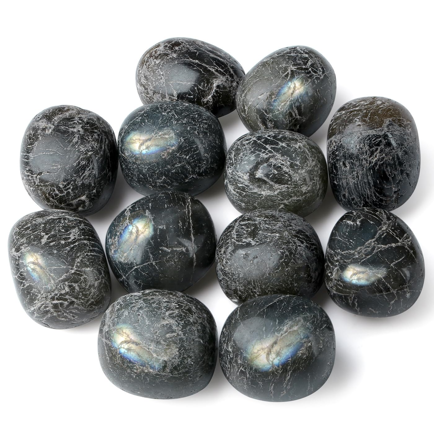 DUQGUHO Labradorite, pierres irregulieres, décor intérieur avec reflets arc-en-ciel.