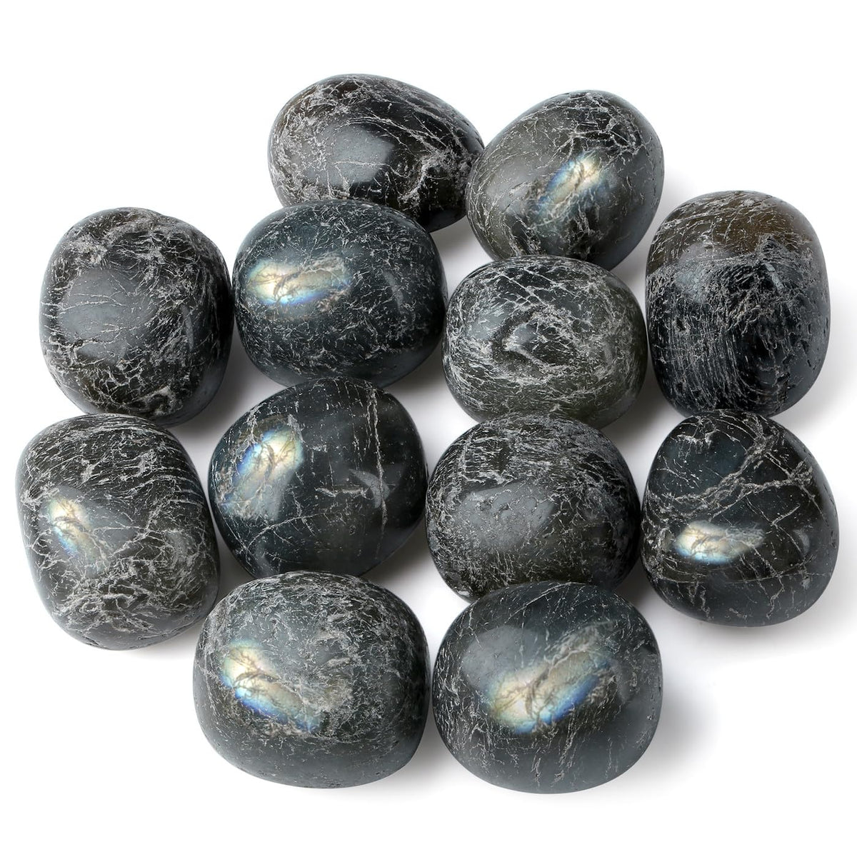 DUQGUHO Labradorite, pierres irregulieres, décor intérieur avec reflets arc-en-ciel.