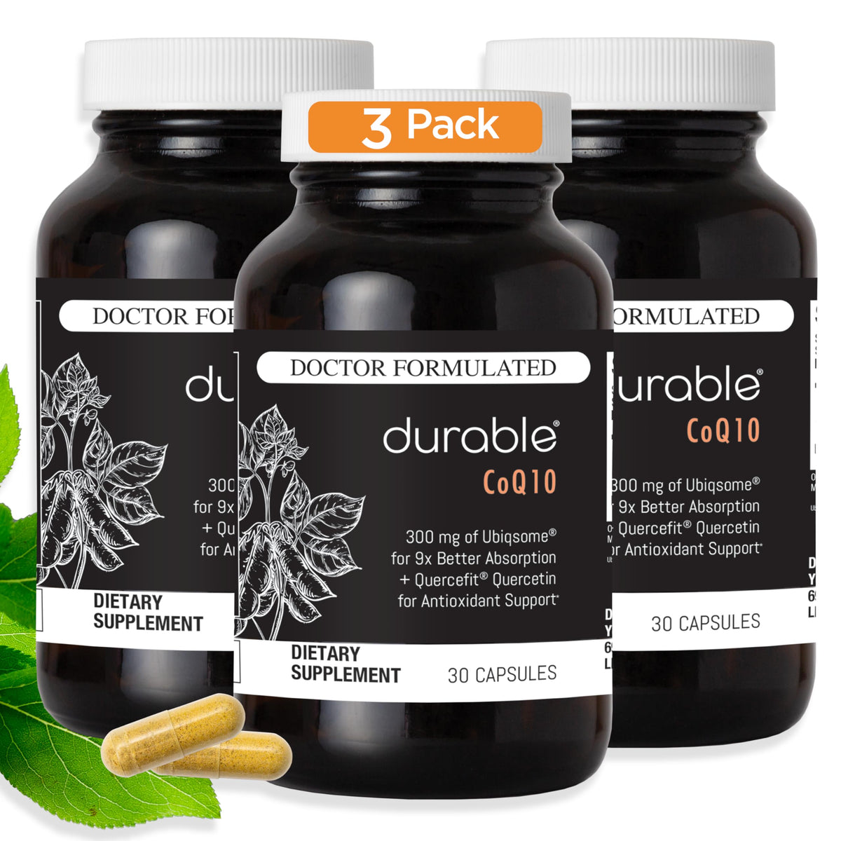 Durable CoQ10 phytosome, bouteille, absorption accrue pour énergie cellulaire.