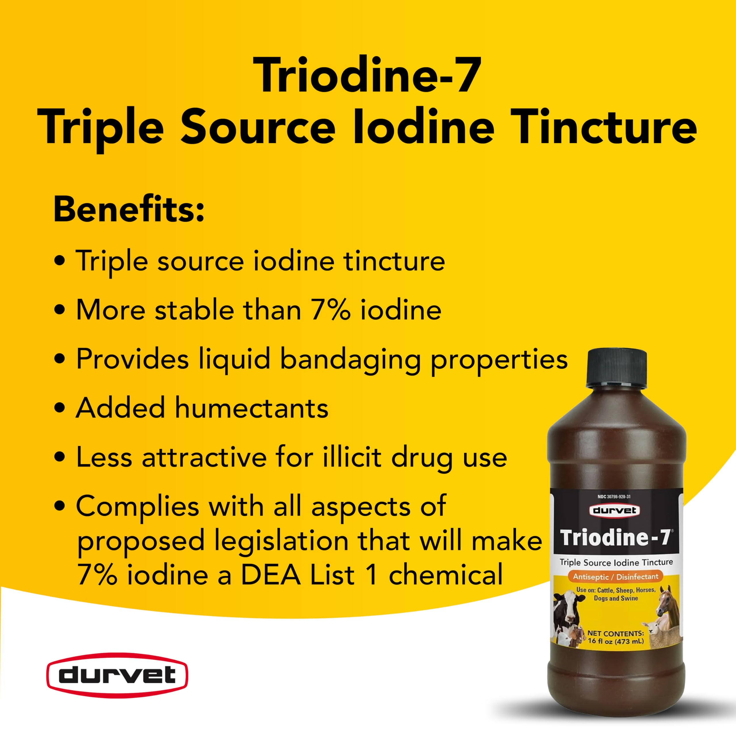 Etiquette claire Durvet Triodine-7, detail du produit pour usage fiable en soins veterinaire.