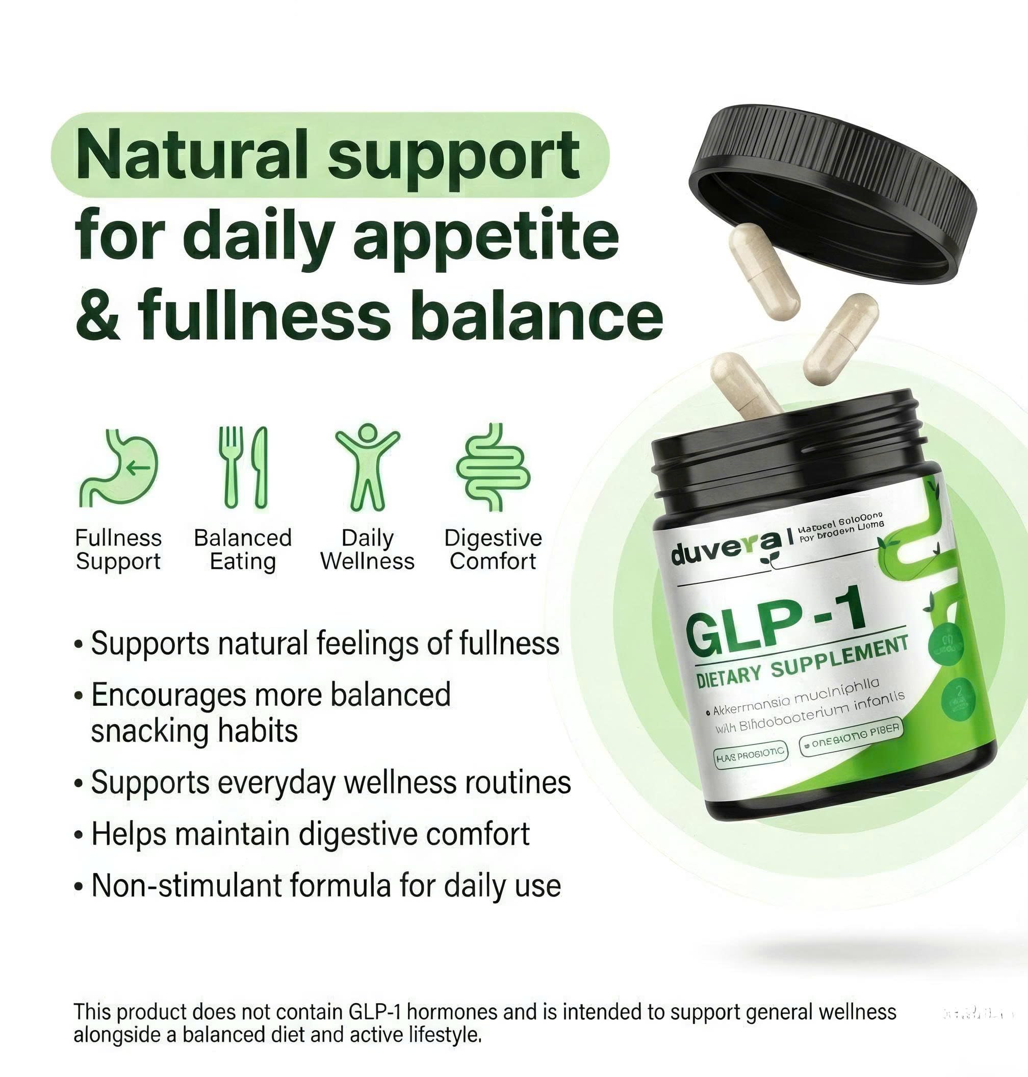 Duvera Akkermansia Probiotique GLP-1 – bouteille: formule multi-souches pour digestion et métabolisme.